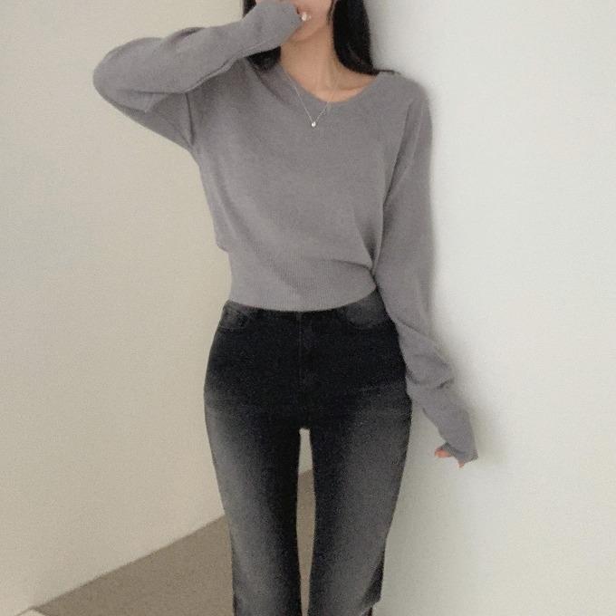 블림핏 [ 말라핏/허리쏙 ] 카드 비스코스 V넥 크롭 니트 티셔츠