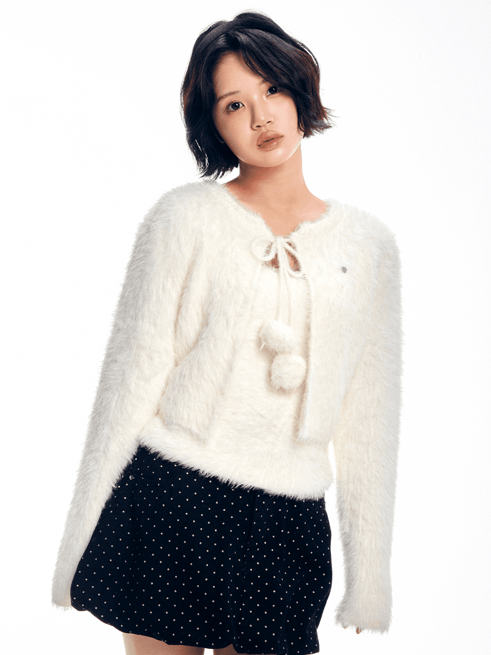 리본 방울 가디건 세트 - 아이보리(RIBBON BEAD FUR CARDIGAN SET - IVORY)