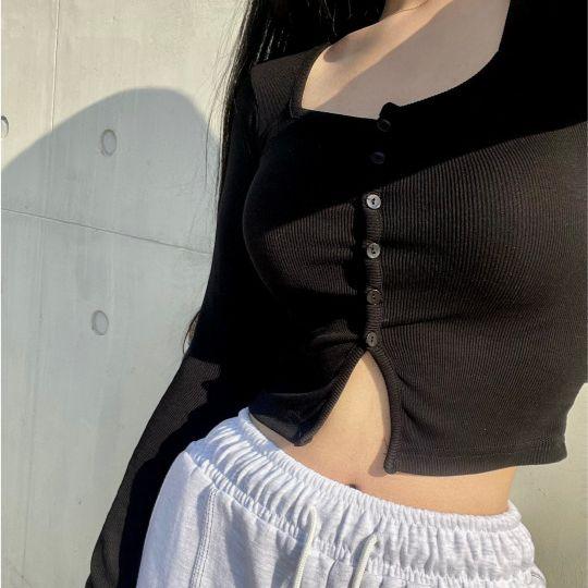 [!!최저가/당일배송!!]크롭 버튼 트임 스퀘어넥 가디건 cd