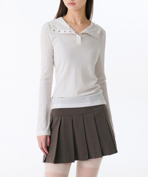 우먼즈 버티컬 텍스처 후디드 긴소매 티셔츠 [아이보리]