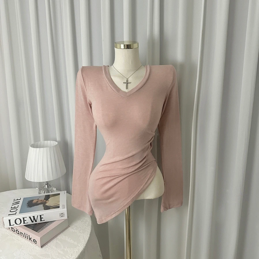 4c 청순글램핏 사선 셔링 티셔츠