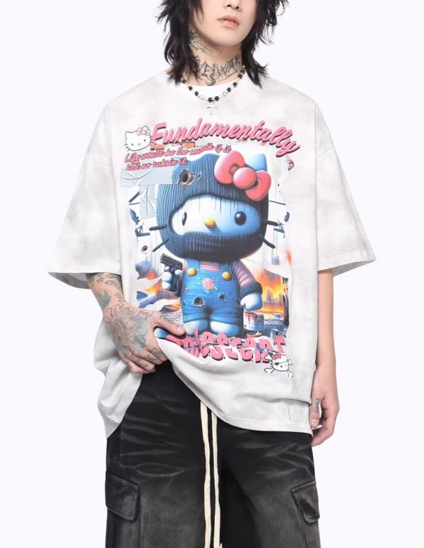 올드워싱 캣 프린팅 티셔츠