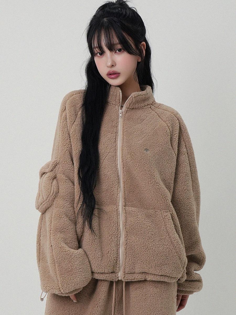 Fluffy Fleece Zip-up Jacket (Brown)