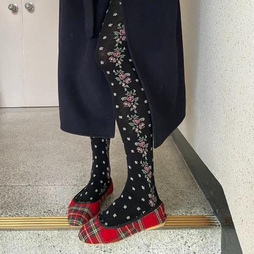 피치스튜디오 [레트로 플라워 면스타킹] 유니크 로즈 장미 꽃 패턴 면 스타킹 유발 타이즈 (블랙)