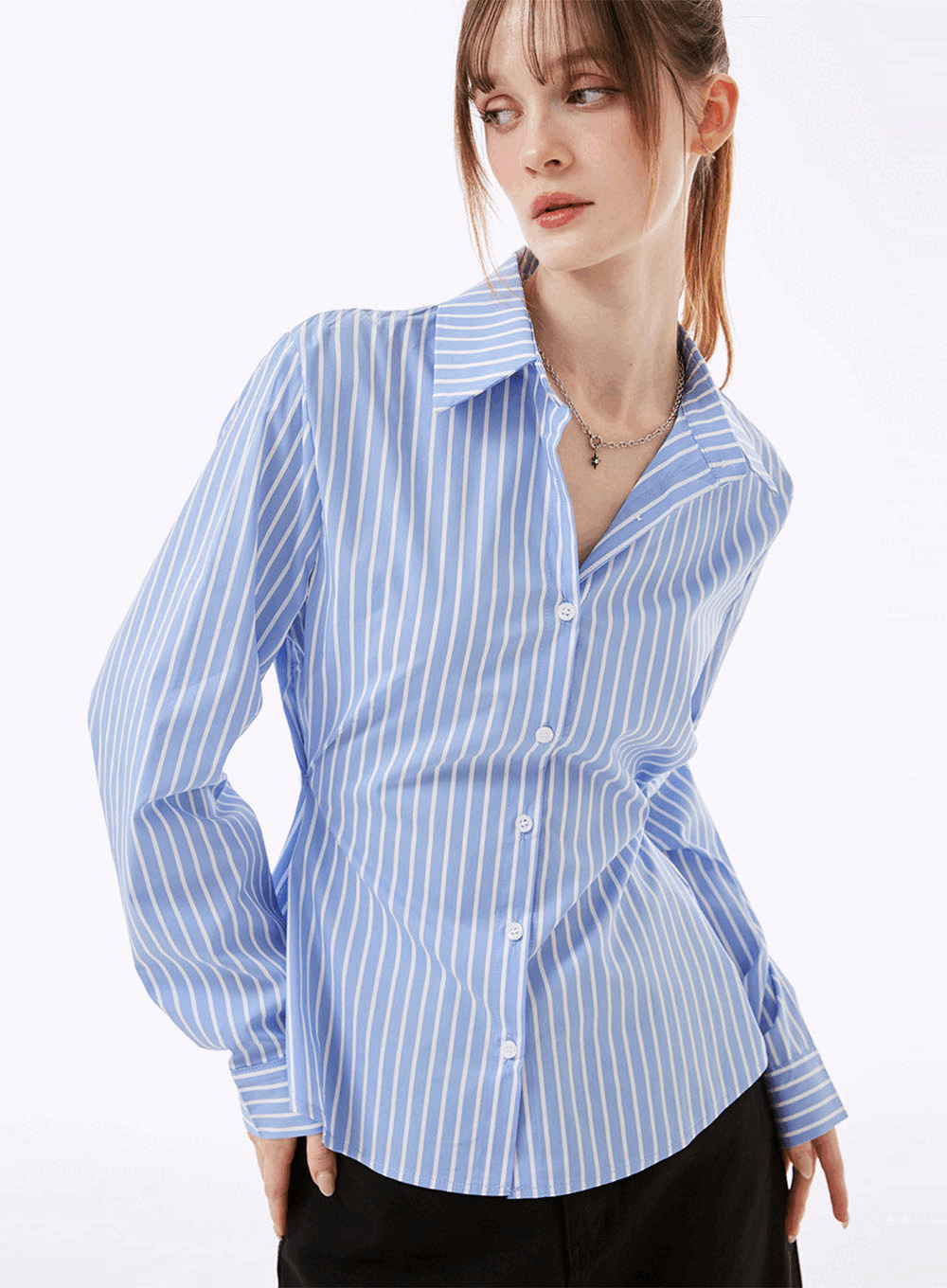 레송 사이드 버튼 스트라이프 셔츠