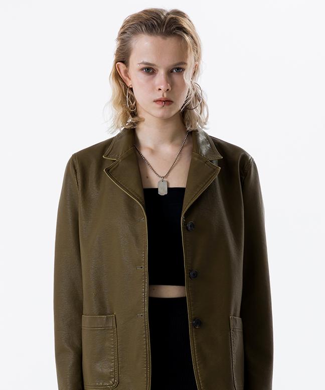 VINTAGE WASHED LEATHER BLAZER [OLIVE GREEN]