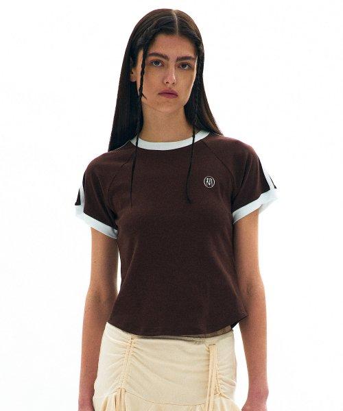 컬리지 스트라이프 링거 티_브라운