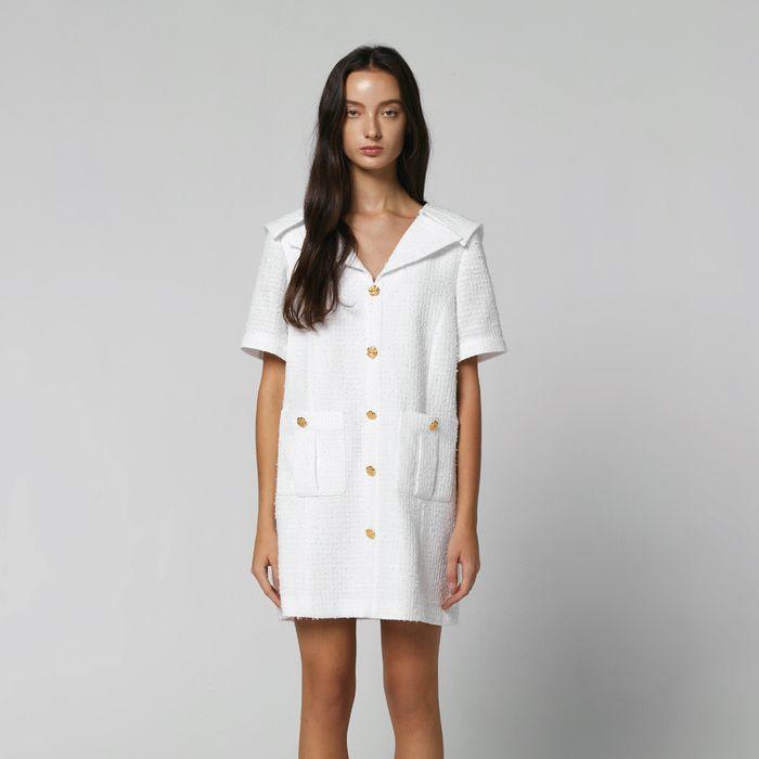 SAILOR COLLAR TWEED DRESS - WHITE