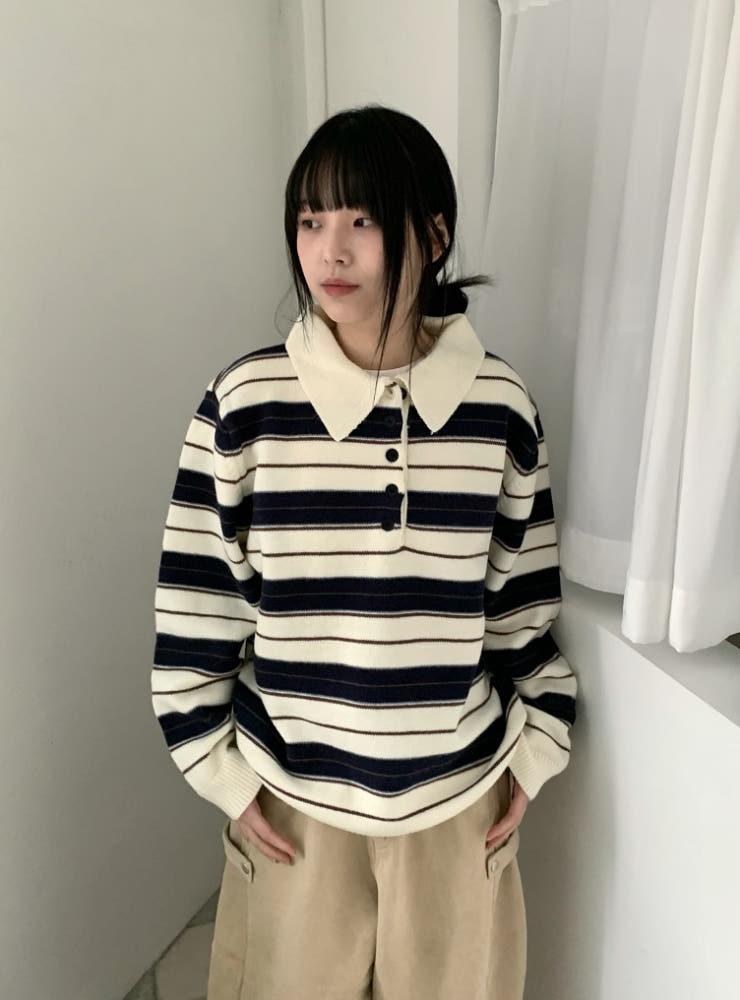 버블 캐주얼 스트라이프 버튼 카라 니트 (2color)