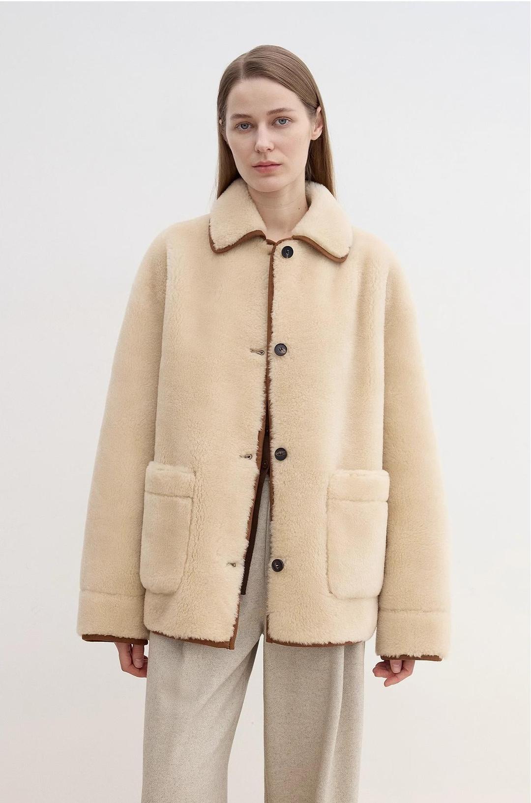 Winter Concerto High Quality Shearling Vintage Contrast Colored Small Lapel Jacket
