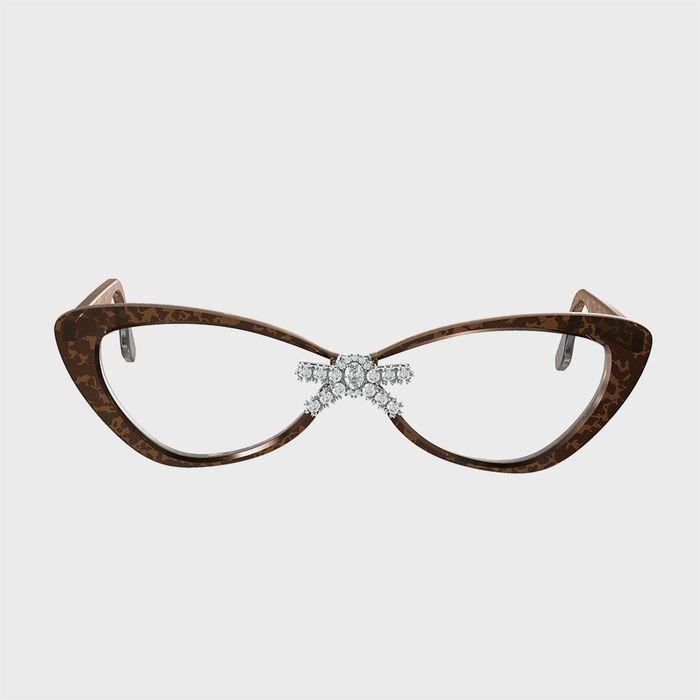 (W) front jeweled-bowknot clear-lens glasses (brown)