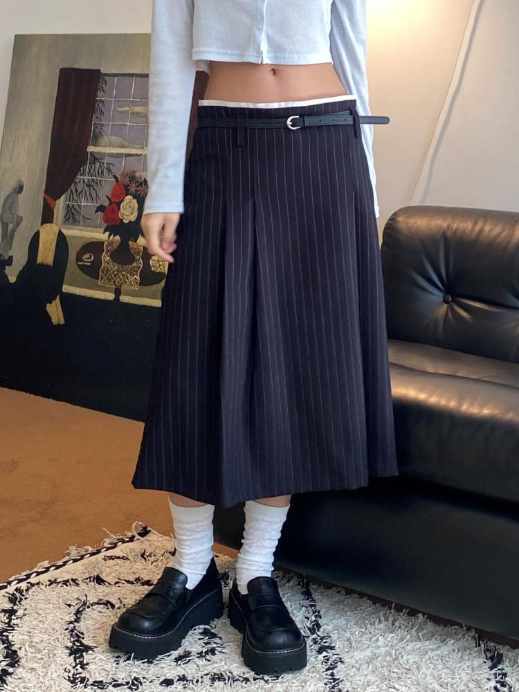 미디 로우라이즈스커트 스트라이프스커트 핀턱 주름치마 (벨트제공) (2color)