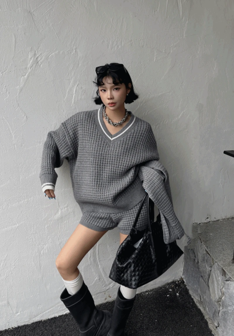 [머플러set]와플 브이넥 니트 숏팬츠 세트(8098)