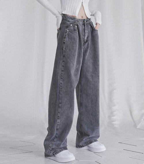 BUCKLE WIDE DENIM PANTS GREY
