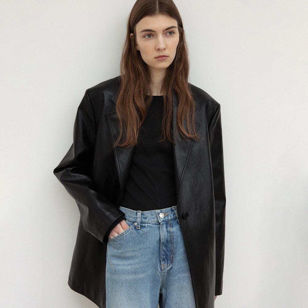 [예약배송] faux leather over-fit blazer (black)