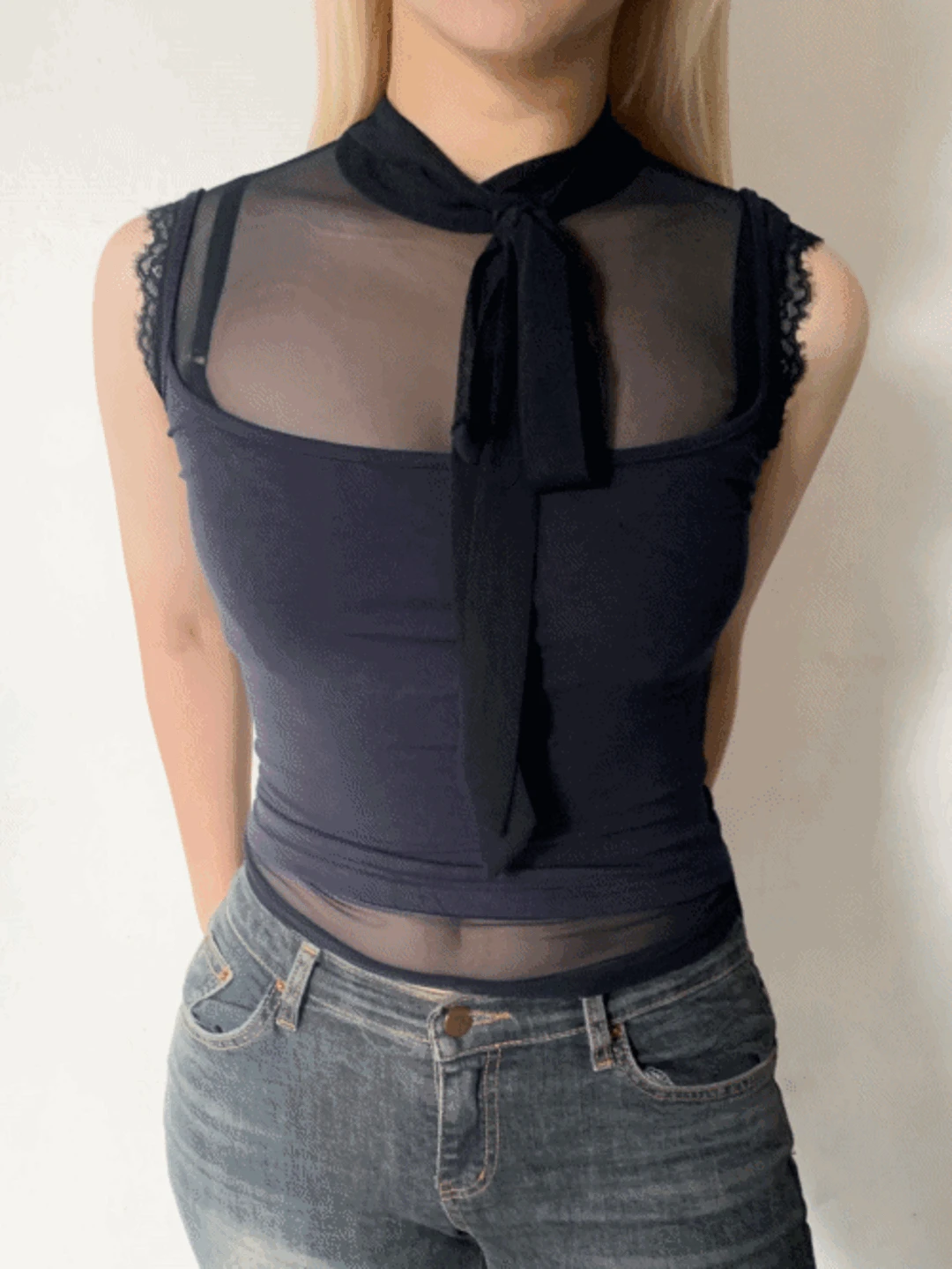 y2k romantic see-through sleeveless shirt