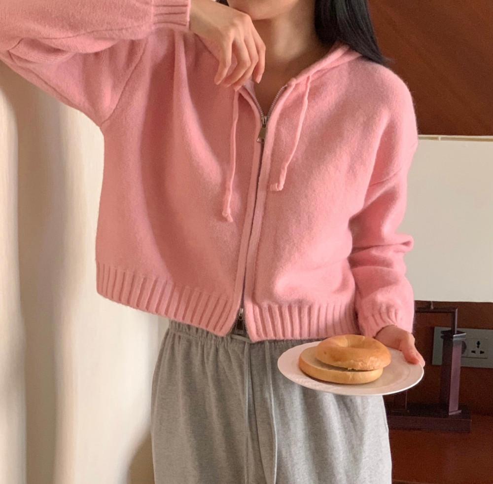 크롭 울 후드 집업 가디건