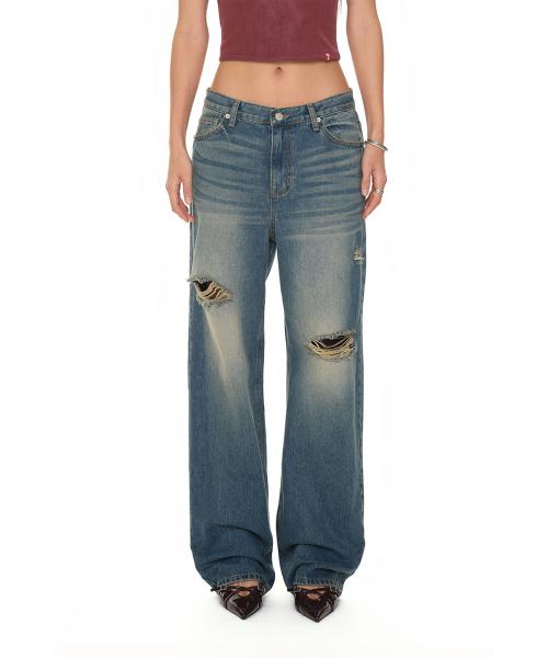 로우라이즈 루즈핏 데미지 데님 빈티지 블루