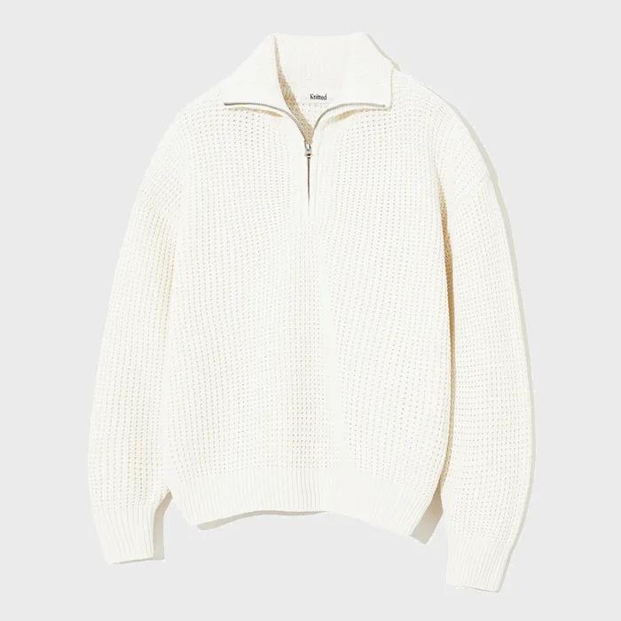 소프트코튼 헤비 와플 하프 집업 니트 IVORY
