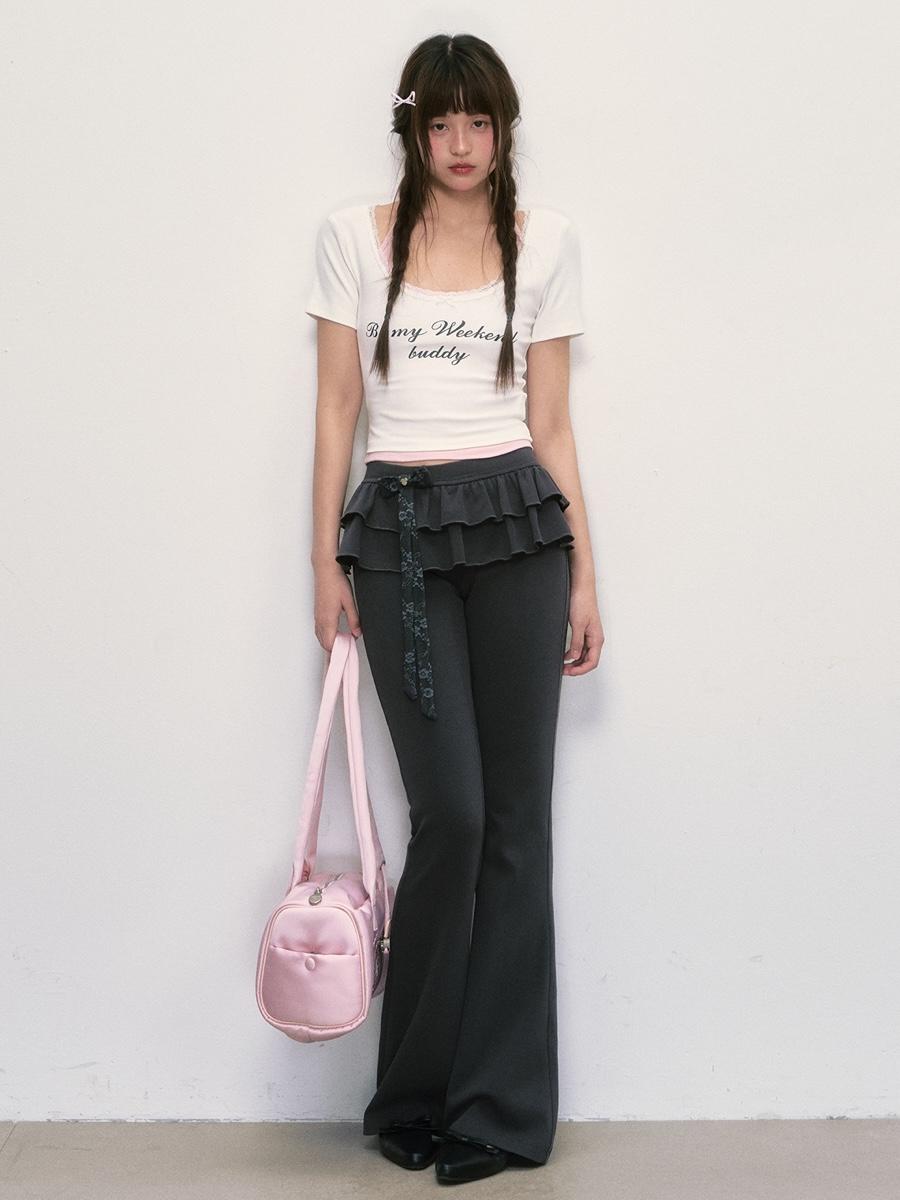 Weekendhub Lace Ribbon Ruffle Flare Pants