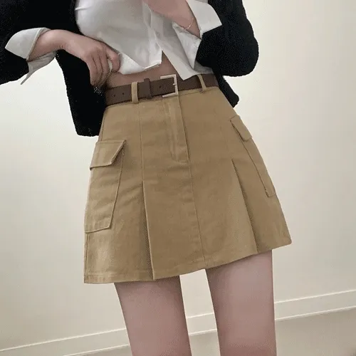 [벨트세트/속바지O] 면 포켓 플리츠 카고 미니 스커트