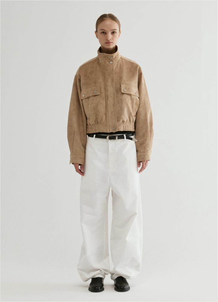 Suede Cropped Bomber Jacket Beige