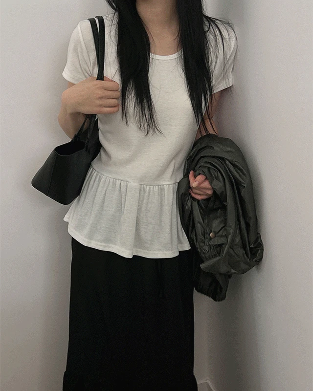 프릴 셔링 레이어드 반팔티셔츠(3color)