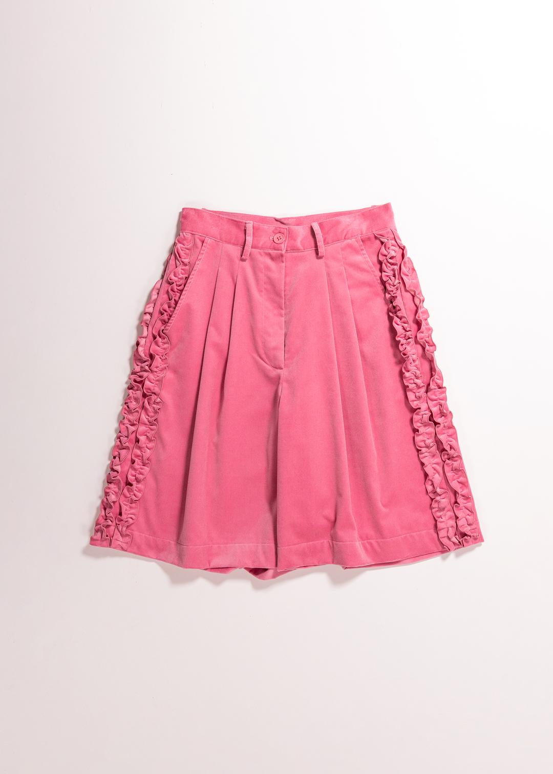 RUFFLE COTTON VELVET CULOTTE PANTS - PINK