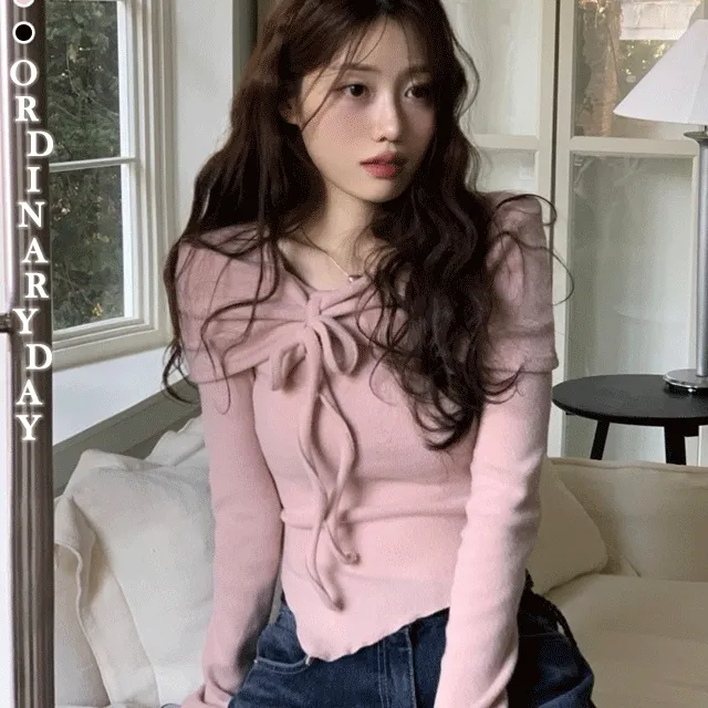 [흘러내림x기모원단]샤비 리본 셔링 여리핏 오프숄더 물결 롱슬리브 니트 3color