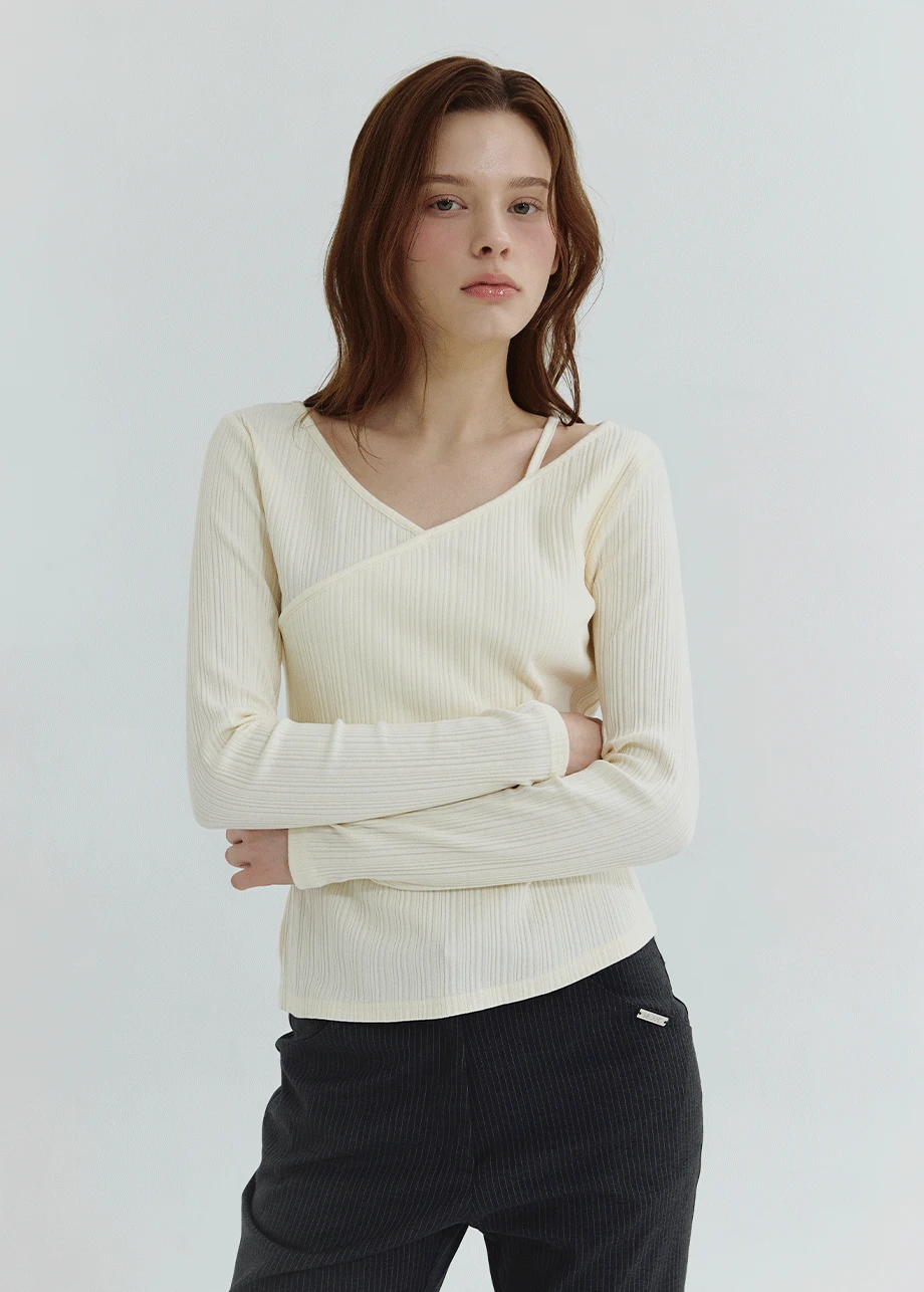 [44-120]  Arvyn V-wrap Tee  아르빈 브이-랩 티  (봄-가을-브이랩-클래식룩-페미닌룩-다이마루-브이넥-스트랩-랩디자인-빅사이즈-자체제작)