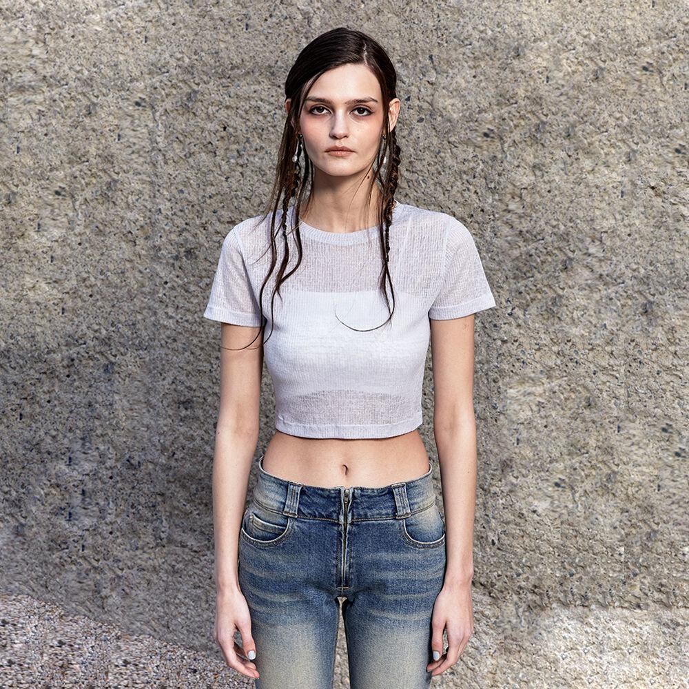 Slash see-through knit crop T-shirt - LIGHT GREY
