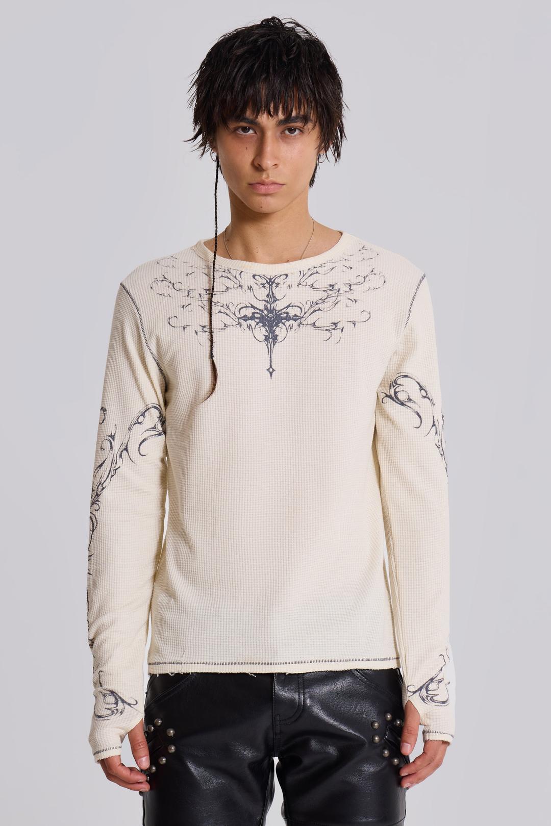 Ines Waffle White Long Sleeve Top - M / White
