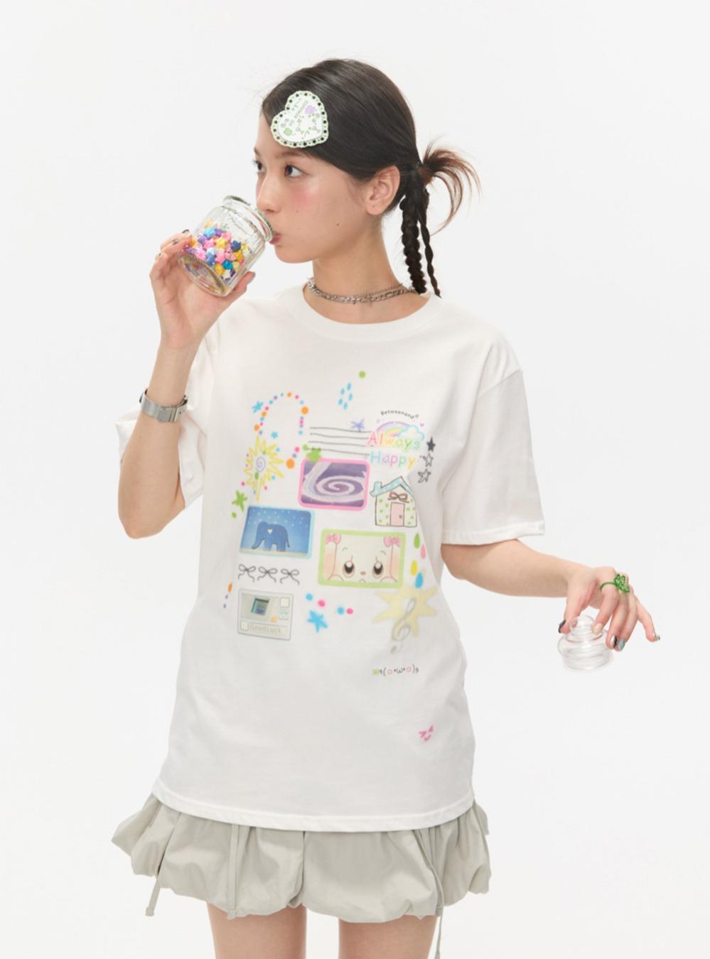 Drawing Print Overfit Casual Short T-Shirt