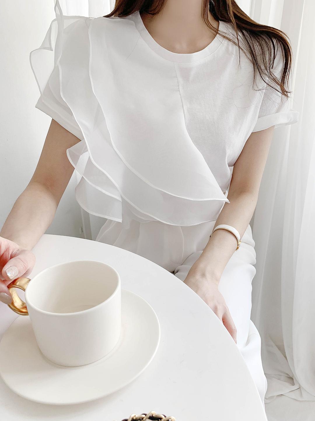 [무료배송] 언발오간자 러플 블라우스티(2col)