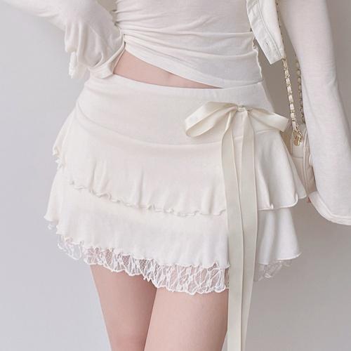 미랑미랑 레이스 프릴 캉캉 리본 르젤라 미니스커트