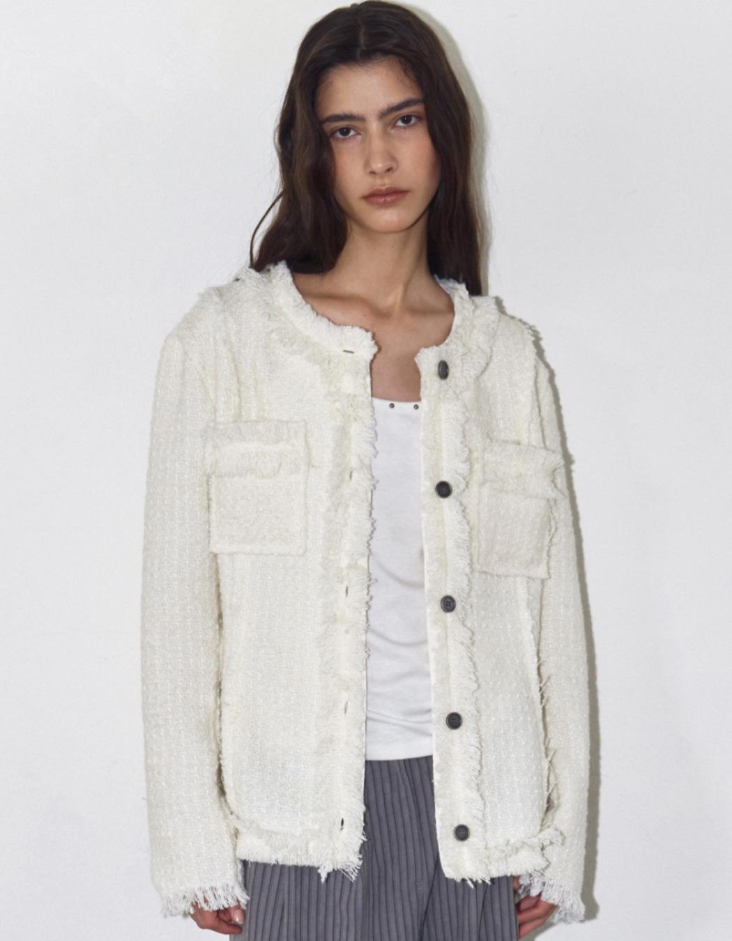 FRINGED TWEED JACKET, IVORY