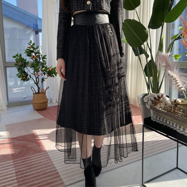 칸느 하이웨스트 트위드 레이스 오간자 스커트 (2color)
