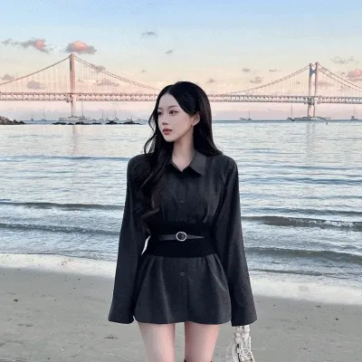 [허리쏙!!/핏대박/벨트set] 여리핏 고퀄 셔츠 미니 원피스 허리 니트 레이어드 투피스 세트 여친룩 데일리 데이트 청순 세련 고급  인생샷 분위기 연말 생일 주인공 크리스마스