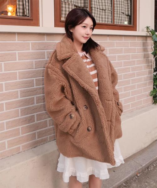 테디베어 오버핏 더블 하프 울 코트 [브라운]