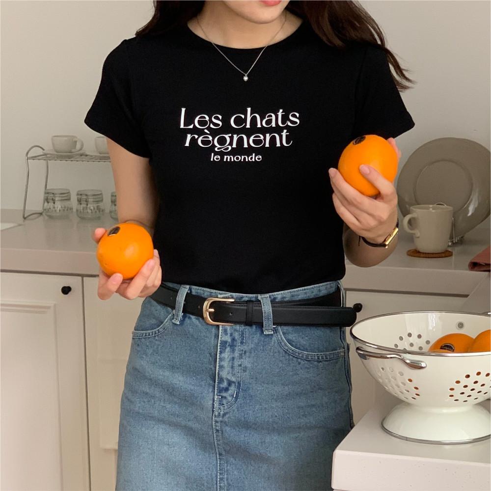 Les chats 레터링 블랙 티셔츠