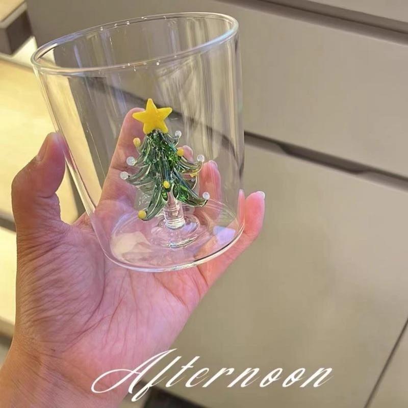 Advanced Hand Blown Glass Cup with Beautiful 3D Christmas Tree/Rose Durable Glass Mug Creative Wine Glasses Gift for Friends