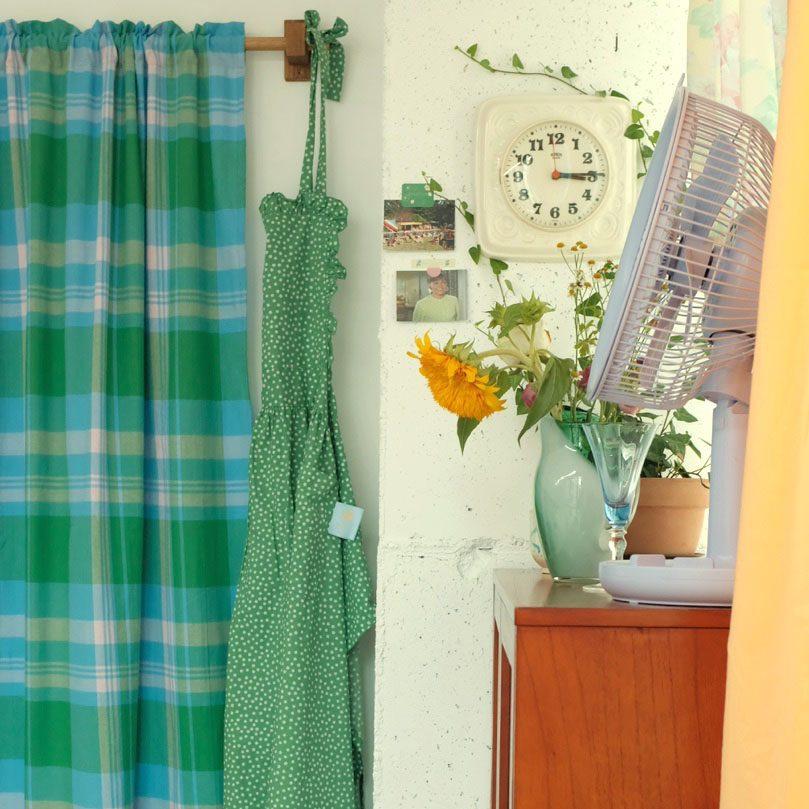 green pink check fabric
