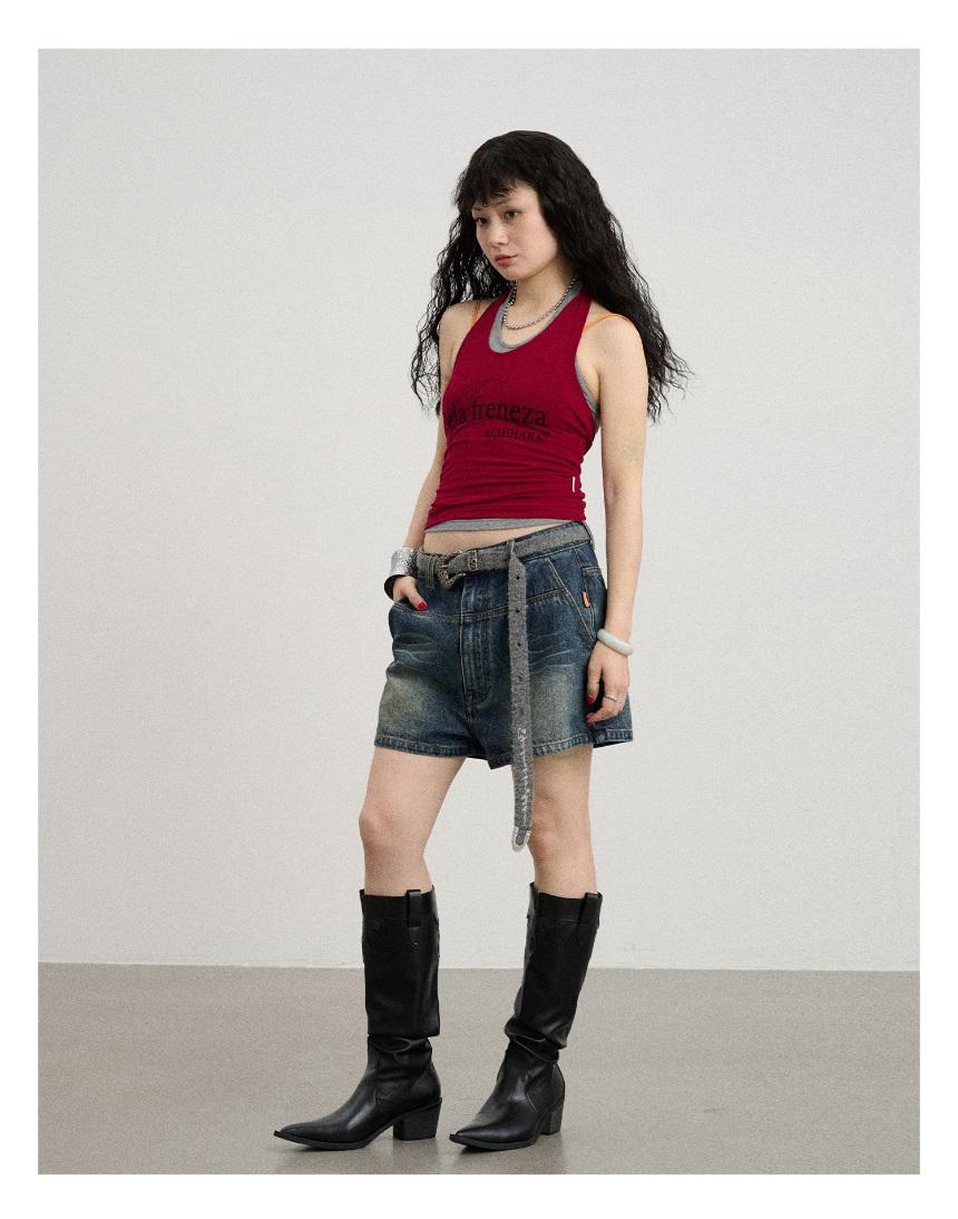 Achihara denim split line shorts