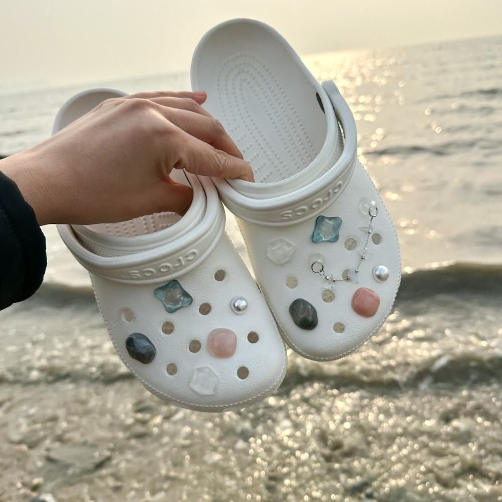 무배(체인+10pcs)원석 조약돌 클로그 자비츠 신발파츠세트 휴양지룩 신발파츠참