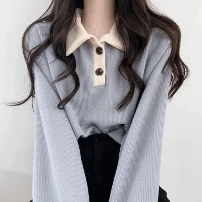 1만장돌파🔥소원 골지 카라 배색 긴팔 티셔츠