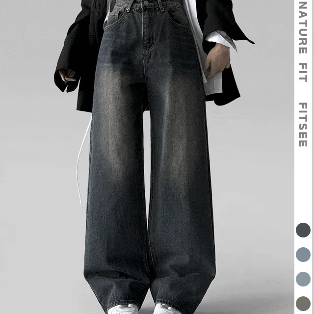 [+가을컬러추가] 스모크 워싱 와이드 정핏 일자 캐쥬얼 데일리 데님 팬츠 바지