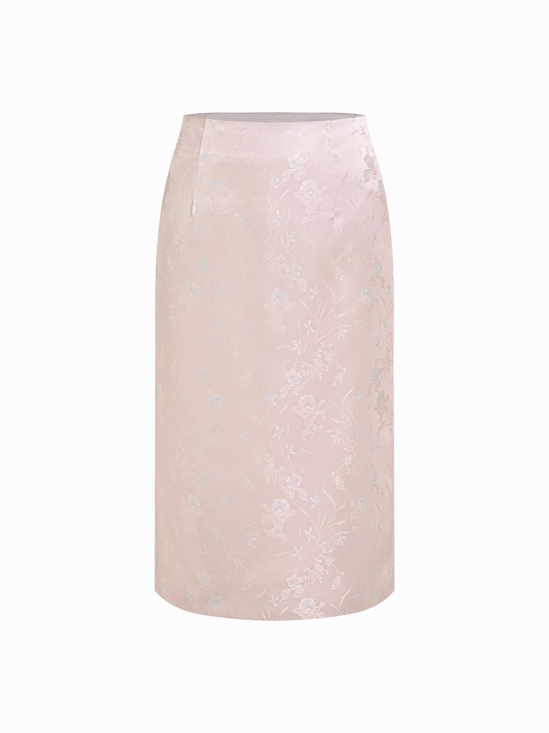 Floral Jacquard Mid Rise Zipper Midi Skirt