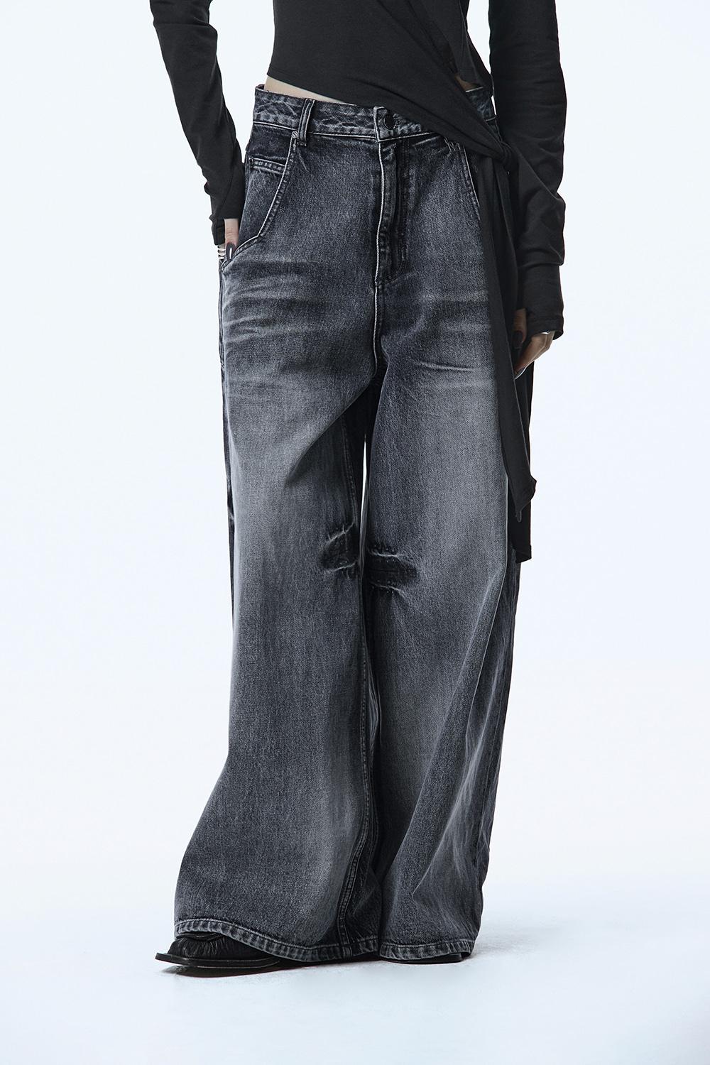 Handcrafted Faded Denim Pants [ Dark Gray ]