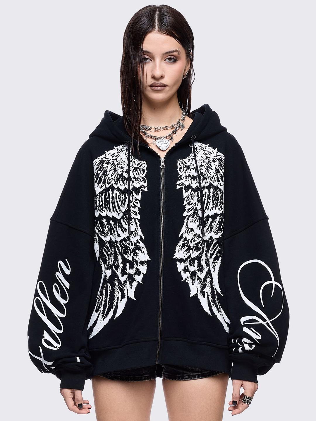 Fallen Angel Zip Up Hoodie - S/M / Black