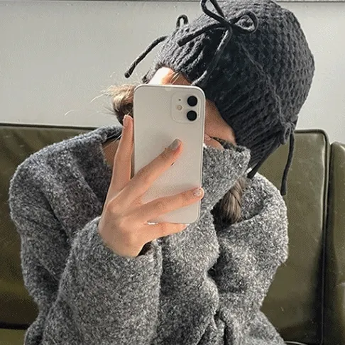 [2color/당일출고] 히피 포근 리본 니트 버킷햇 가을 겨울 벙거지 발레코어 모자